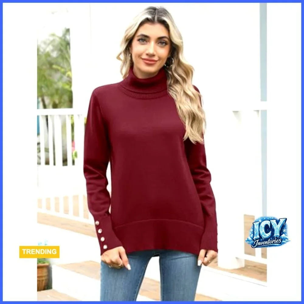 Long Sleeve Turtleneck Pullover Sweater with Metal Buttons High Low Hem